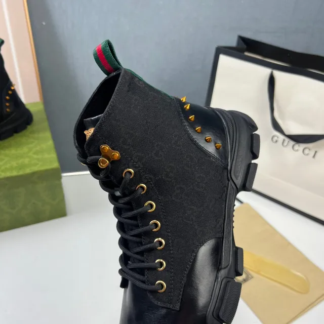 Gucci Rhyton Black Monogram Canvas and Leather Combat Boot 4