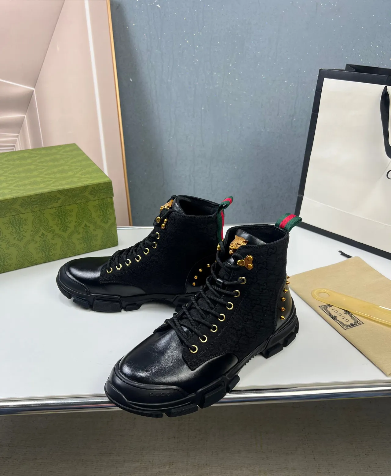 Gucci Rhyton Black Monogram Canvas and Leather Combat Boot 7
