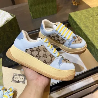 Gucci Rhyton Blue Beige Platform Sole GG Monogram Canvas Chunky Sneakers