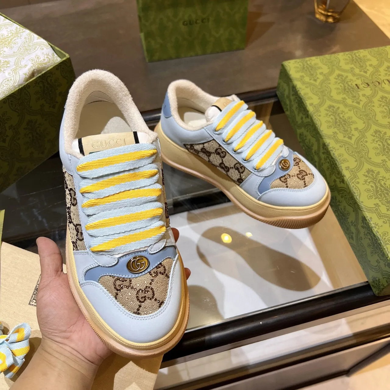 Gucci Rhyton নীল বেইজ প্ল্যাটফর্ম সোল GG Monogram Canvas Chunky Sneakers 2