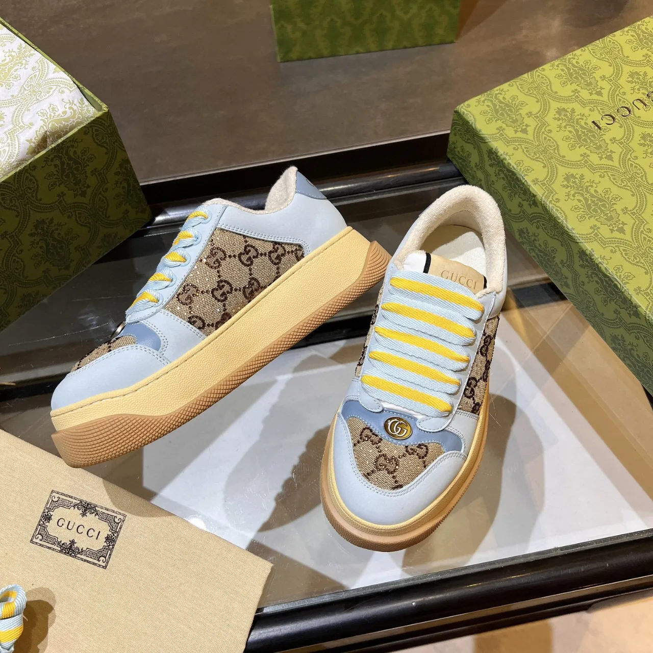 Gucci Rhyton নীল বেইজ প্ল্যাটফর্ম সোল GG Monogram Canvas Chunky Sneakers 3