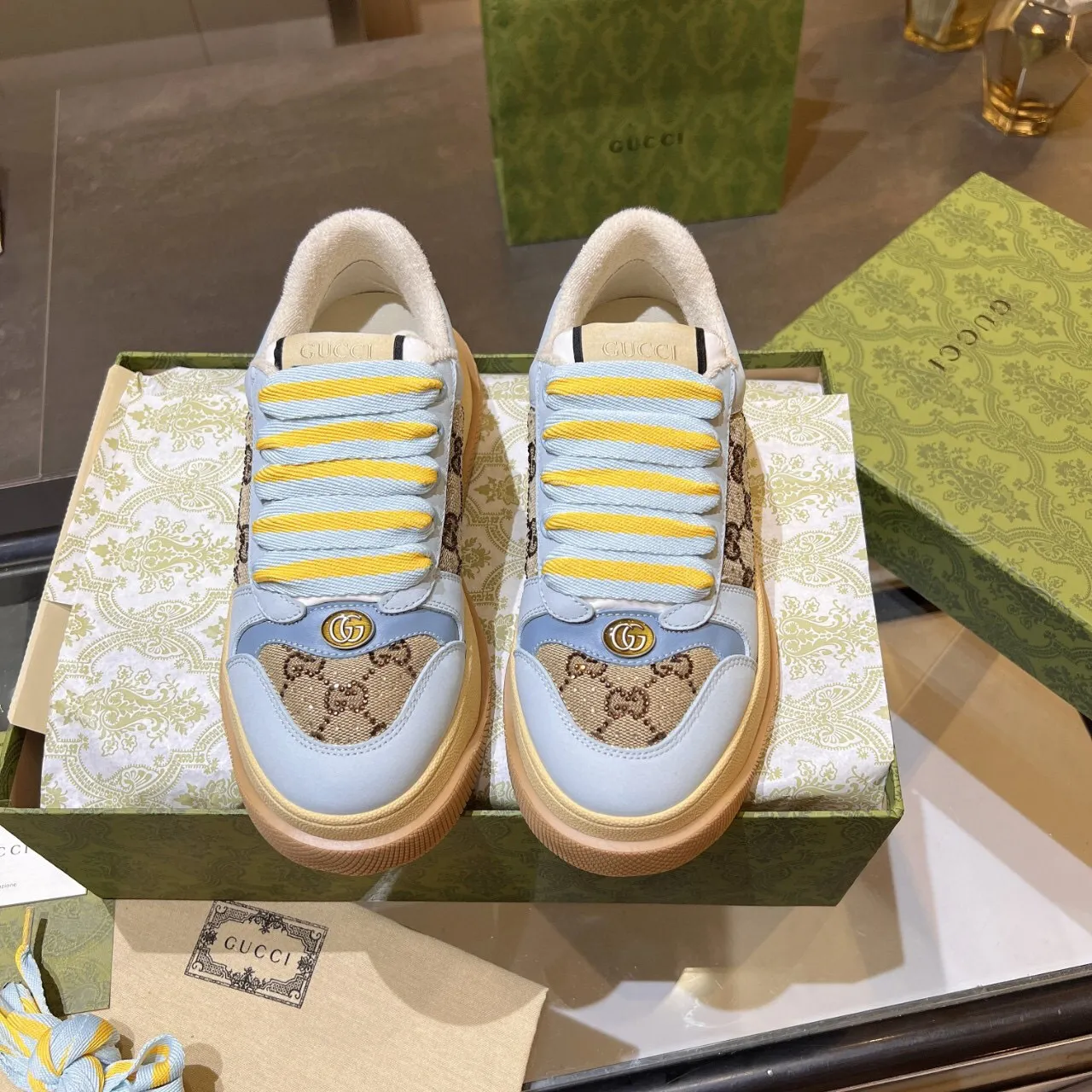 Gucci Rhyton নীল বেইজ প্ল্যাটফর্ম সোল GG Monogram Canvas Chunky Sneakers 4