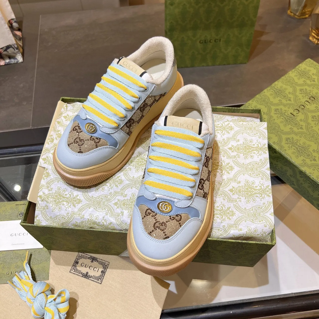 Gucci Rhyton নীল বেইজ প্ল্যাটফর্ম সোল GG Monogram Canvas Chunky Sneakers 5