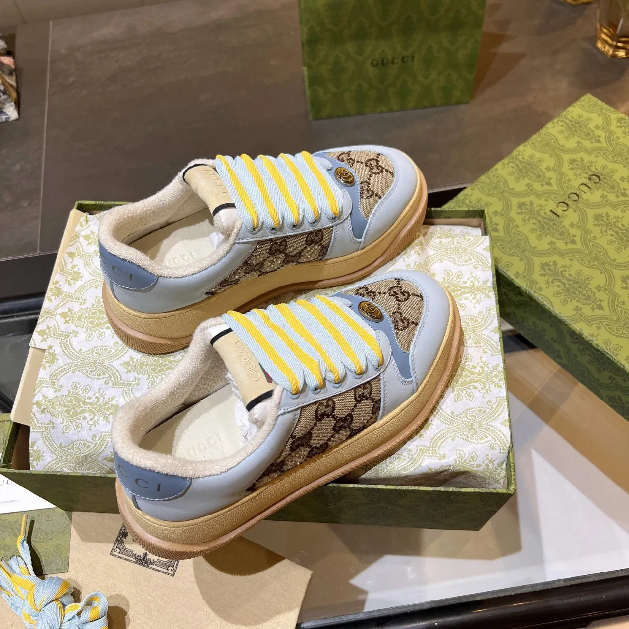 Gucci Rhyton নীল বেইজ প্ল্যাটফর্ম সোল GG Monogram Canvas Chunky Sneakers 6