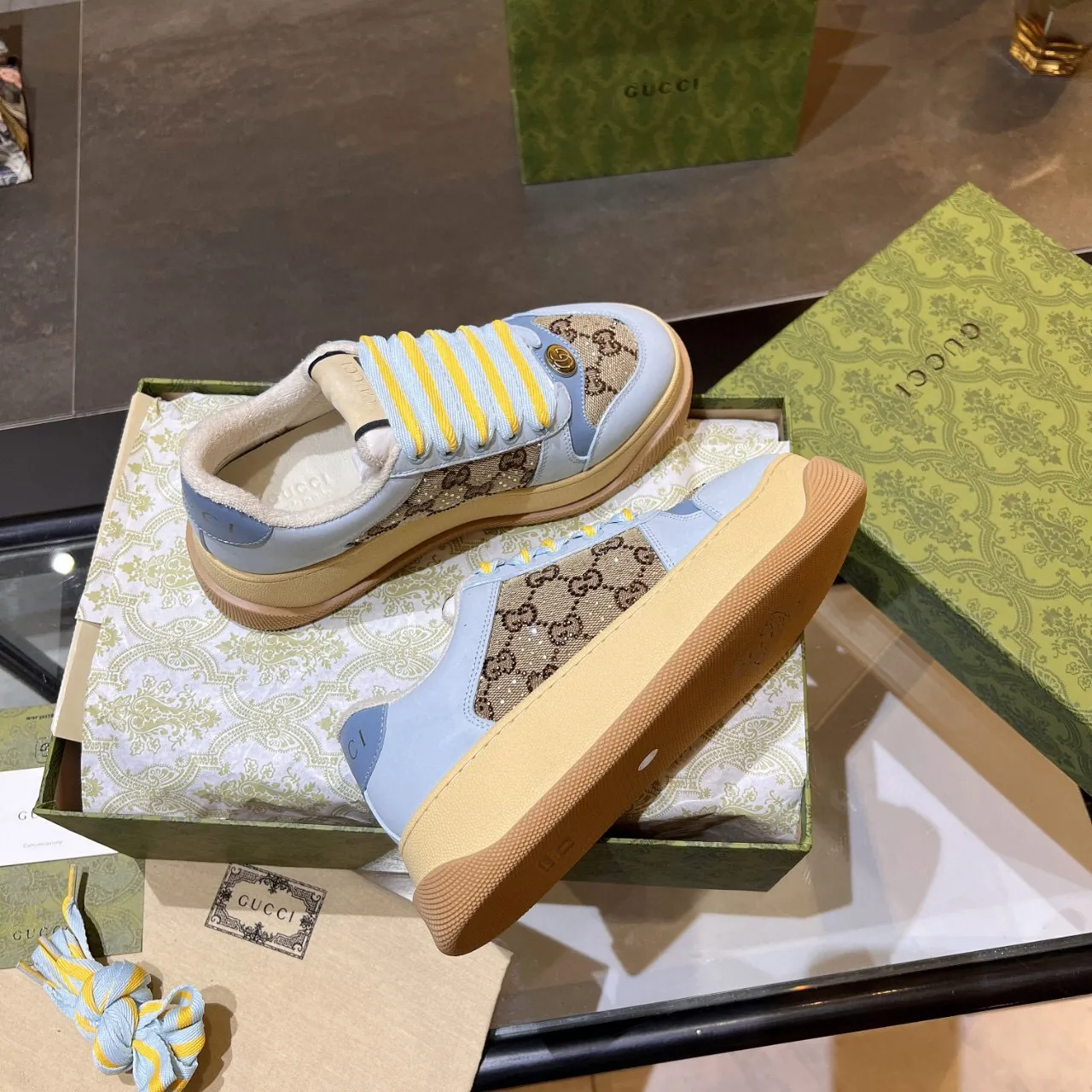 Gucci Rhyton নীল বেইজ প্ল্যাটফর্ম সোল GG Monogram Canvas Chunky Sneakers 7