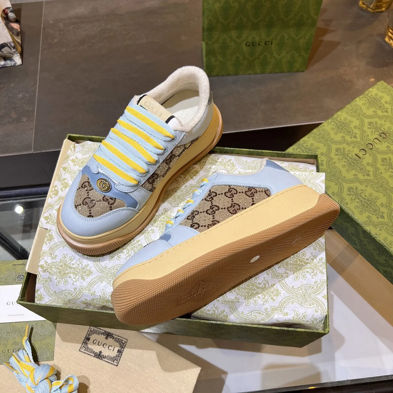 Gucci Rhyton নীল বেইজ প্ল্যাটফর্ম সোল GG Monogram Canvas Chunky Sneakers 8