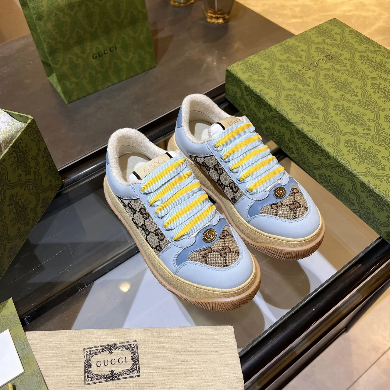 Gucci Rhyton নীল বেইজ প্ল্যাটফর্ম সোল GG Monogram Canvas Chunky Sneakers 9