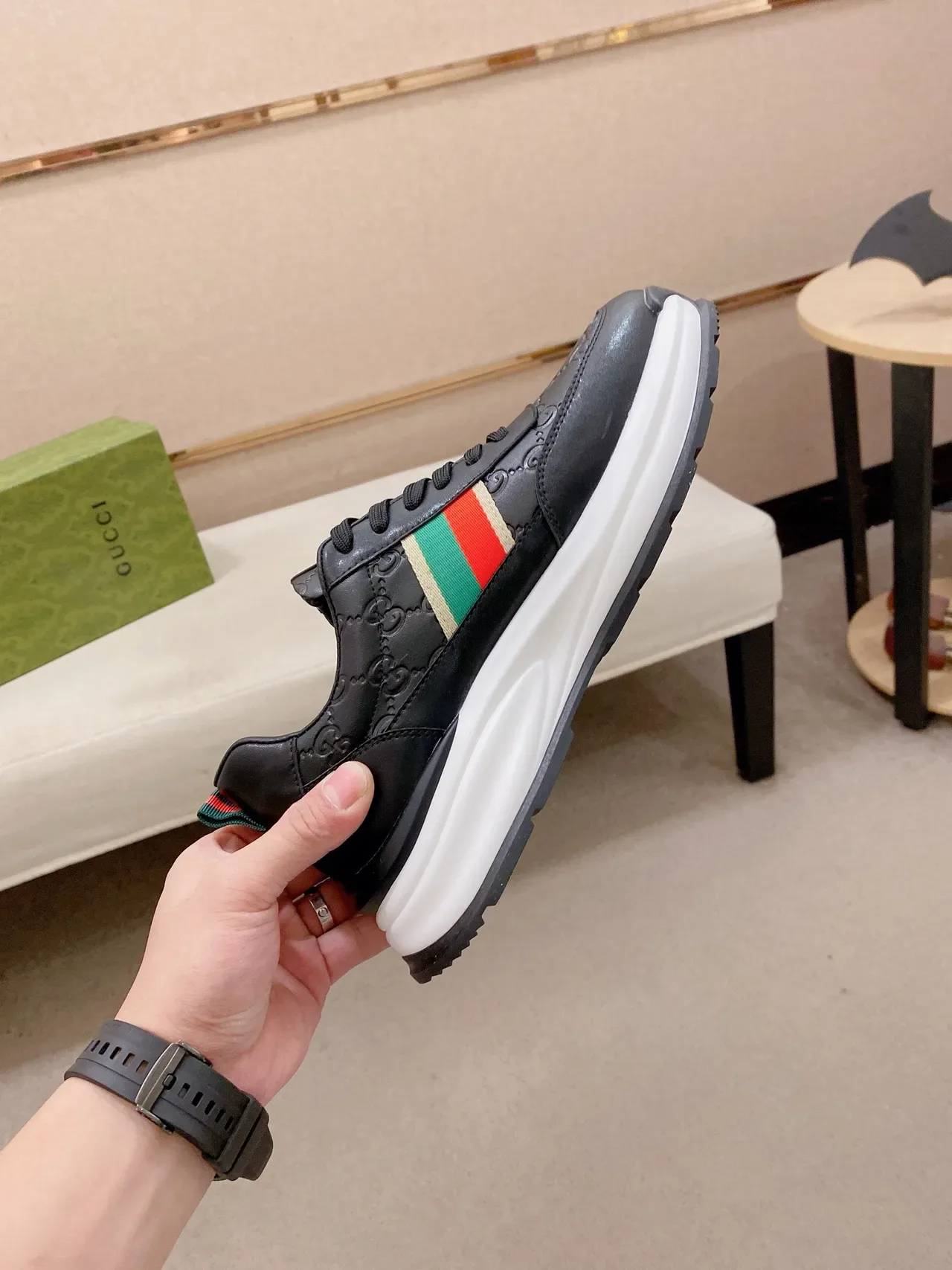 Gucci Screener Sneakers Lifestyle أسود أبيض جلد علوي مطبوع GG Monogram 5