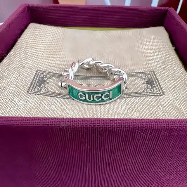 Gucci Screener Chain-Link Enamel Logo Ring 7