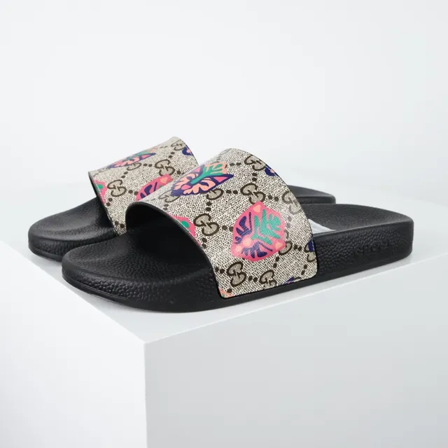 Gucci Screener GG Monogram طباعة الزهور نعال منزلقة 11