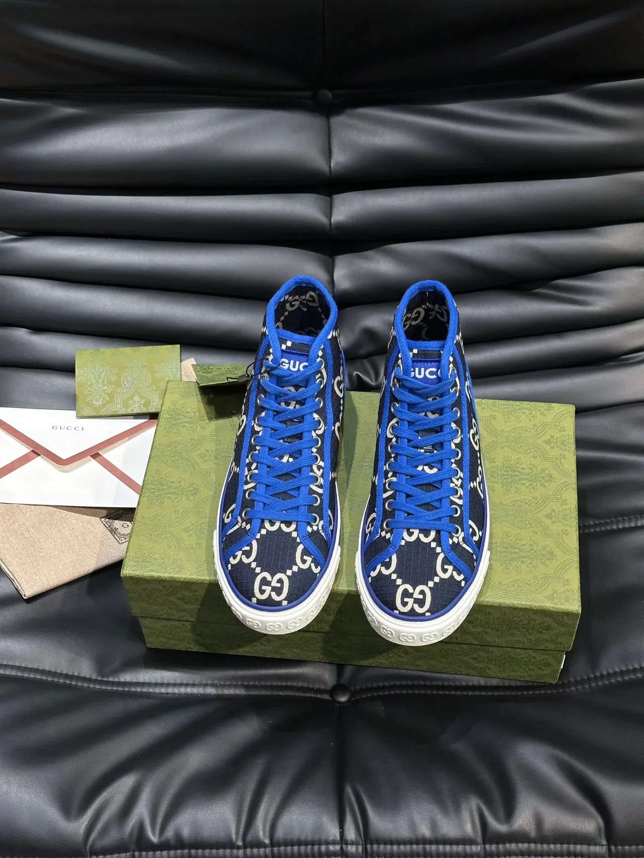 Gucci Screener Navy Blue and White GG Monogram High-Top Lifestyle Sneakers 2