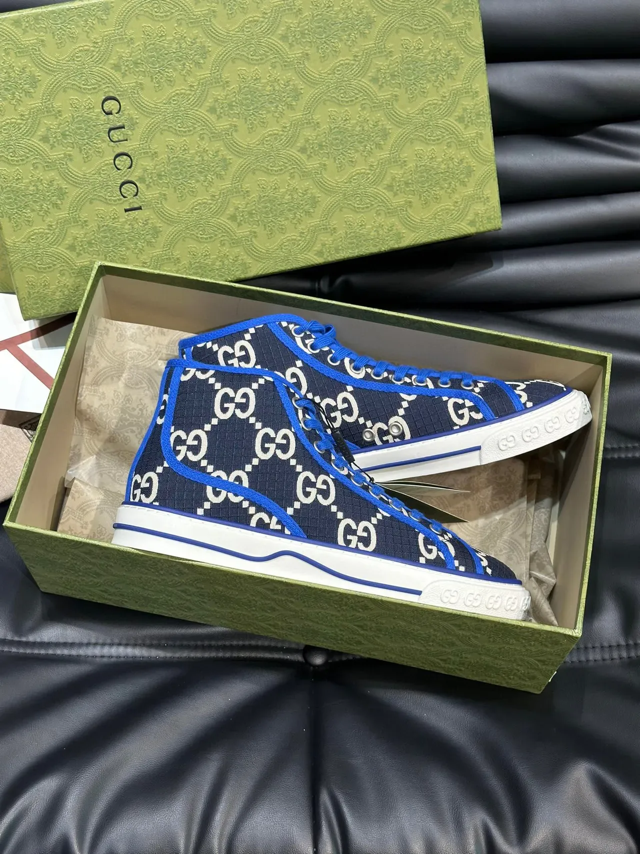 Gucci Screener Navy Blue and White GG Monogram High-Top Lifestyle Sneakers 4