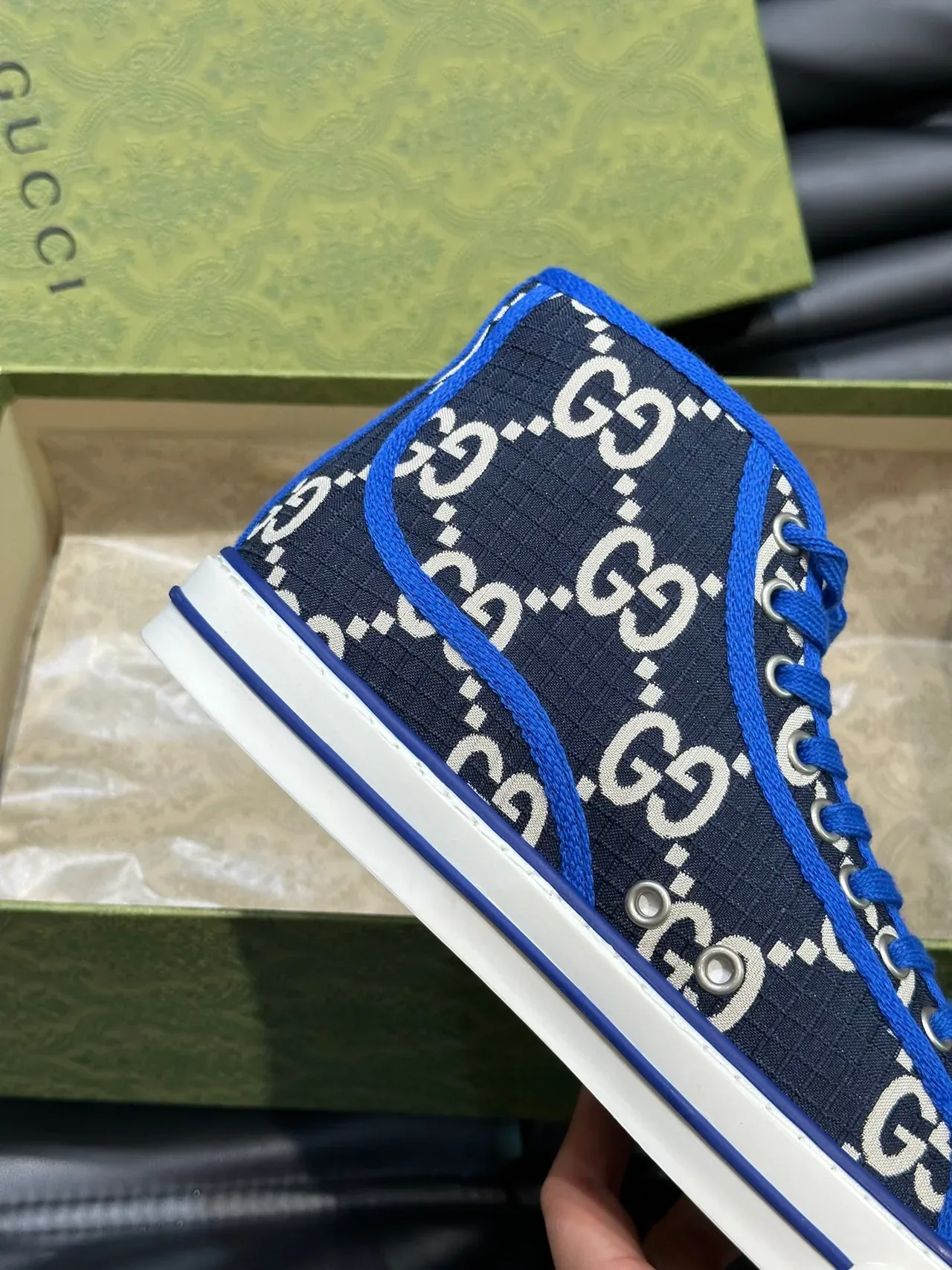 Gucci Screener Navy Blue and White GG Monogram High-Top Lifestyle Sneakers 7