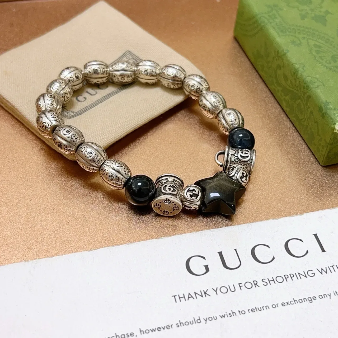 Gucci Silver Black Ornate Engraved Metal Beads Interlocking G Charms Bracelet 5