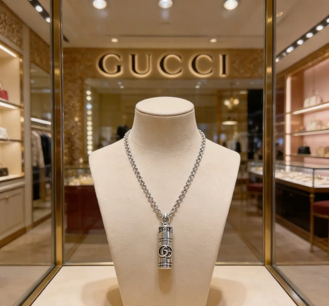 Gucci Silver Cylindrical Pendant Interlocking G Logo Necklace 3