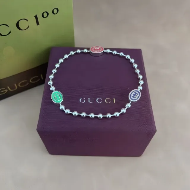 Gucci Silver Green Ball-Chain Construction Interlocking G Logo Medallions Bracelet 3