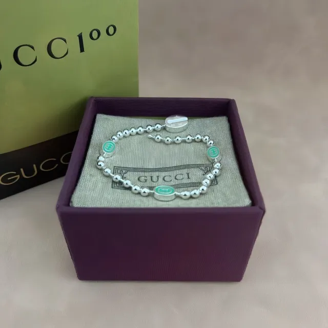 Gucci Silver Green Ball-Chain Construction Interlocking G Logo Medallions Bracelet 4