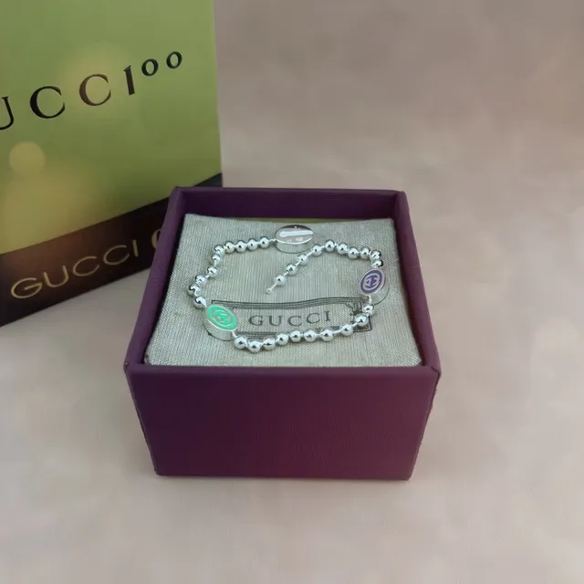 Gucci Silver Green Ball-Chain Construction Interlocking G Logo Medallions Bracelet 5