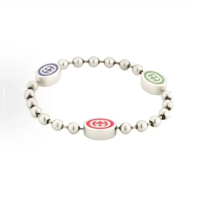 Gucci Silver Green Ball-Chain Construction Interlocking G Logo Medallions Bracelet 8