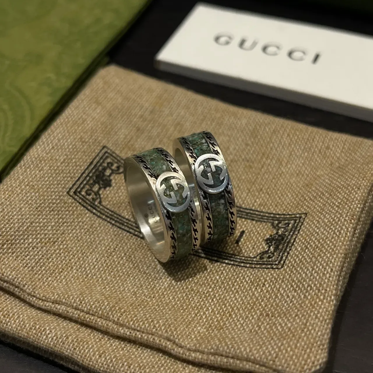 Gucci Silver Green Wide Band Interlocking GG Logo Ring 7