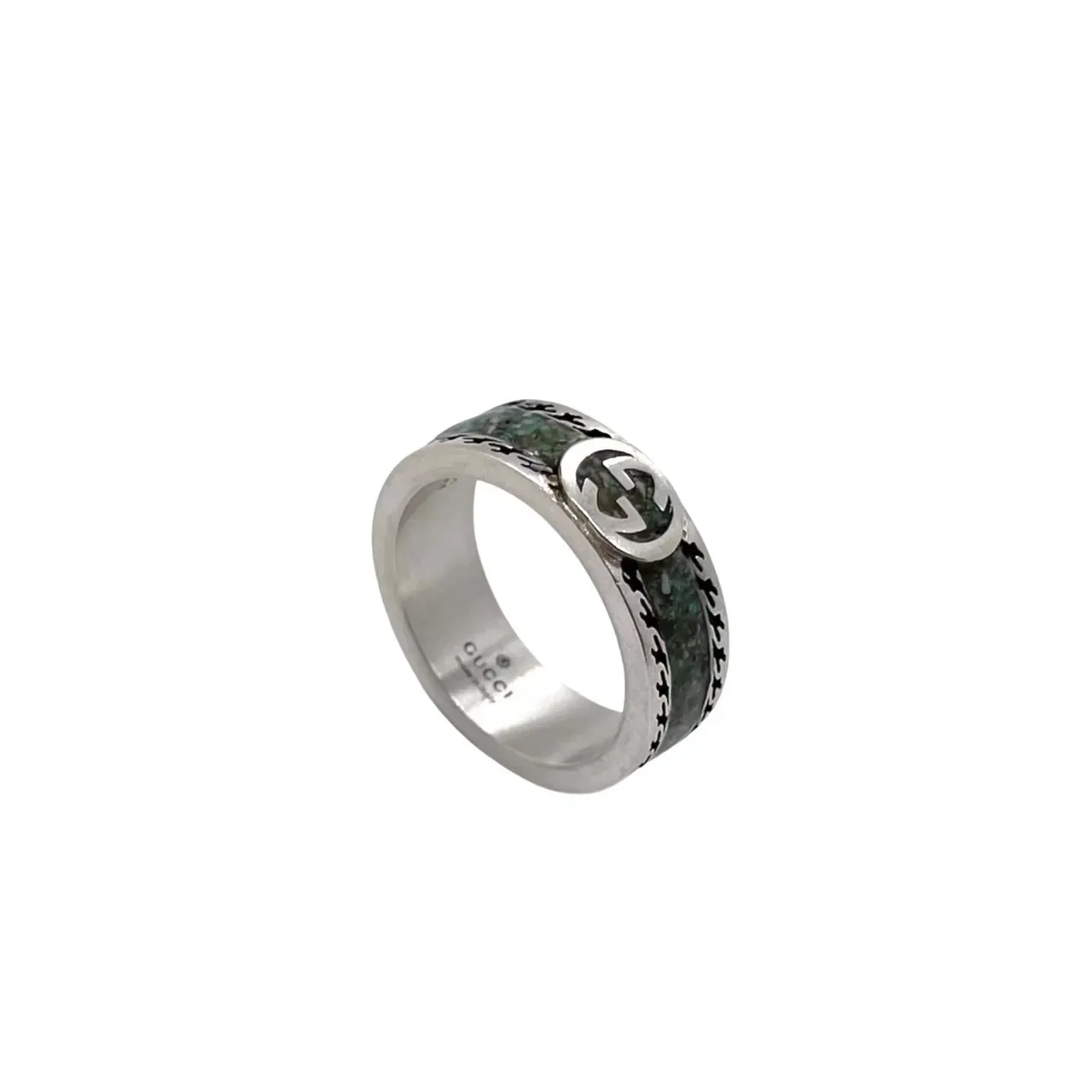 Gucci Silver Green Wide Band Interlocking GG Logo Ring 9