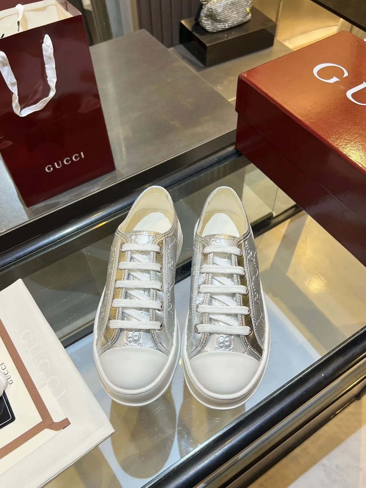 Gucci Silver White GG Monogram Embossed Metallic Upper Lifestyle Sneakers 4