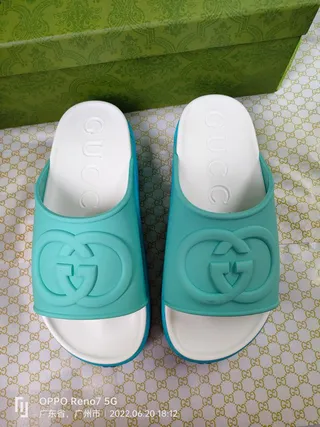 Gucci Slide Turquoise and White Molded Rubber Slippers 2