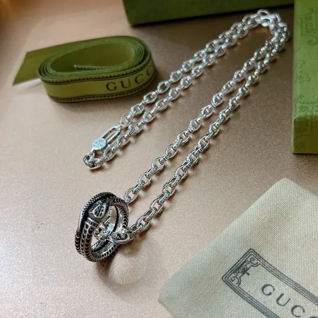 Gucci Snake Necklace Silver Black Chain Coiled Pendant Necklace 5