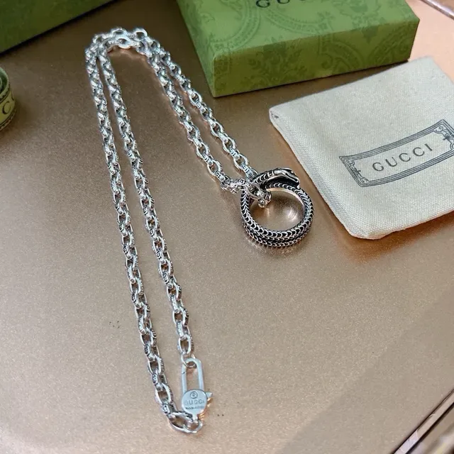 Gucci Snake Necklace Silver Black Chain Coiled Pendant Necklace 8