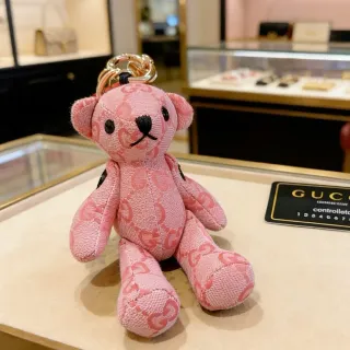 Gucci Teddy Bear Keychain Pink Black Plush GG Monogram Jacquard Fabric Handbag