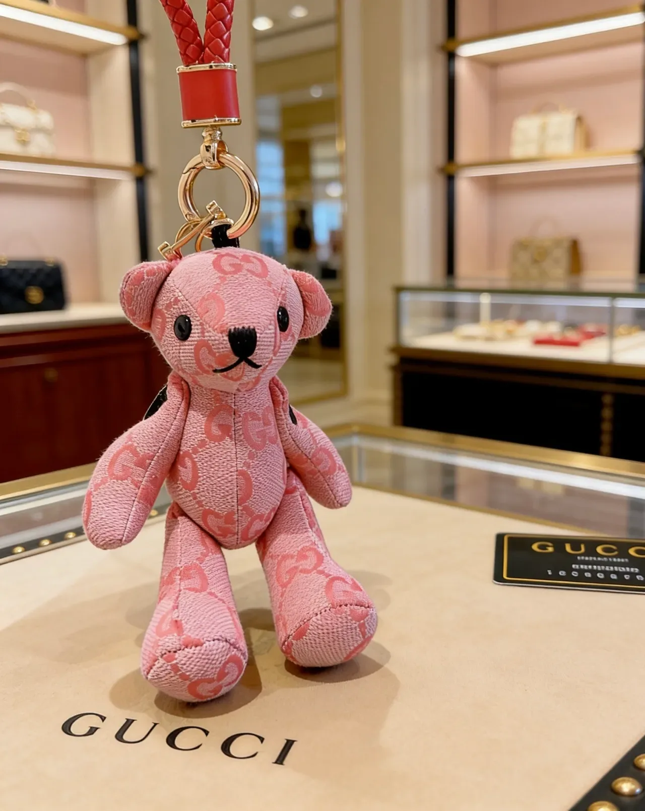 Gucci سلسلة مفاتيح دب تيدي وردي أسود مخمل GG مونوغرام قماش جاكار حقيبة يد 7