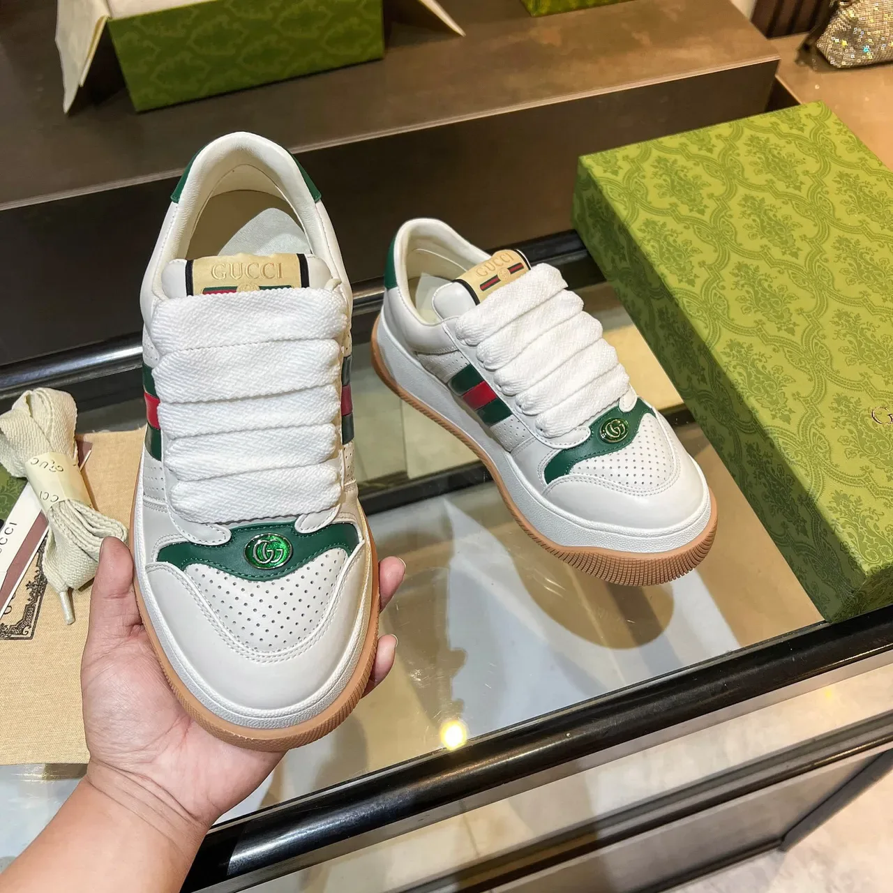 Gucci Tennis 1977 branco verde vermelho Web tênis lifestyle 7