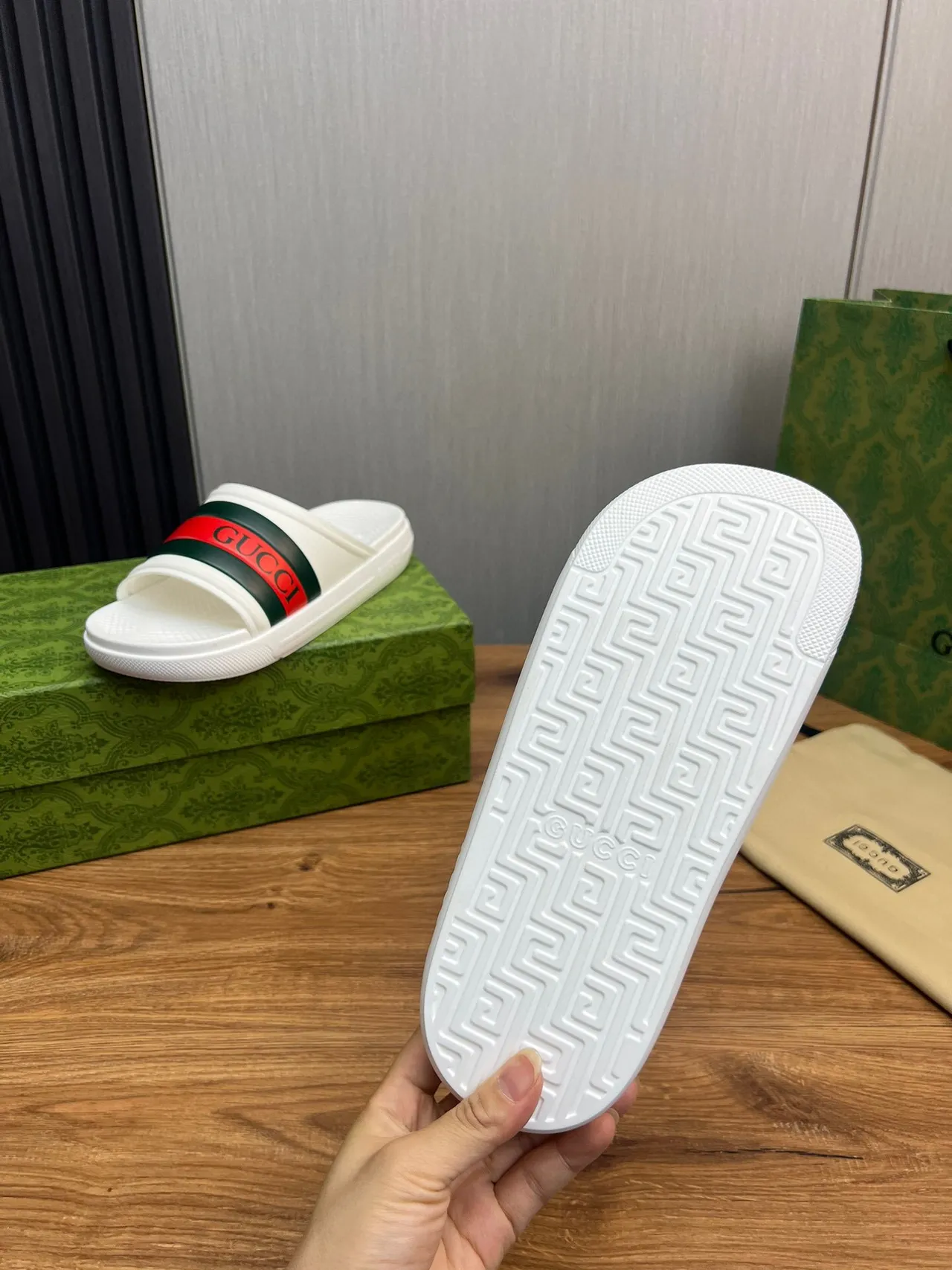 Gucci Web Stripe Slide White Green Red Slippers 9