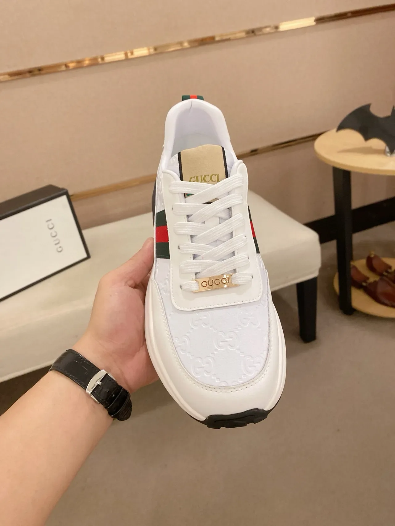 Gucci Blanc et Noir Monogrammés en Cuir avec Rayures Web et Acent Zapatillas Lifestyle 2