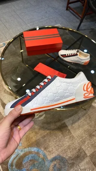 Gucci White Red Monogram-Embossed Leather Striped Side Panel Lifestyle Sneakers 3