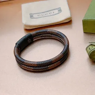 Gucci سوار جلد منسوج بني بيج مزدوج الالتفاف