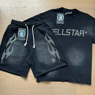 Hellstar Black White Rhinestone Flame Graphics Acid-Wash Fabric T-Shirt