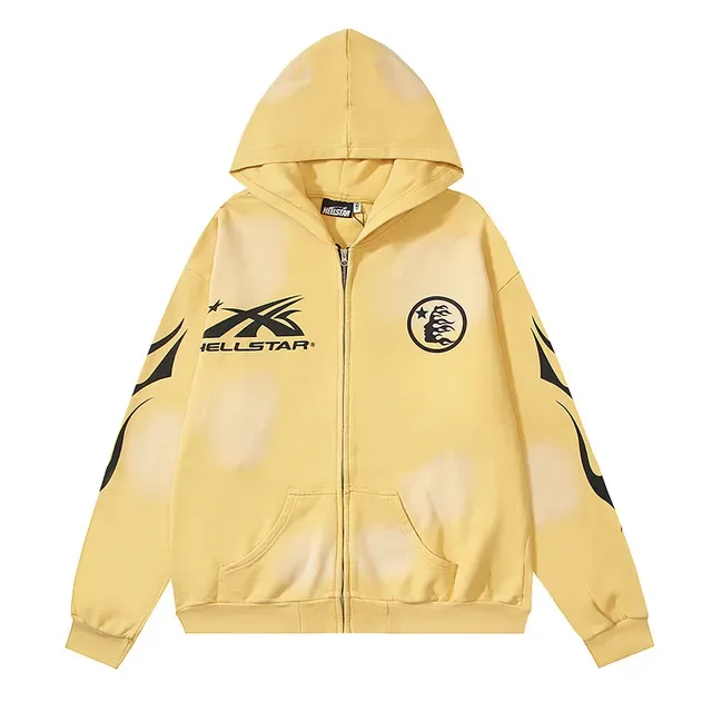 Hellstar Graphic-Print Bleach-Splash Yellow Zip-Up Hoodie 2