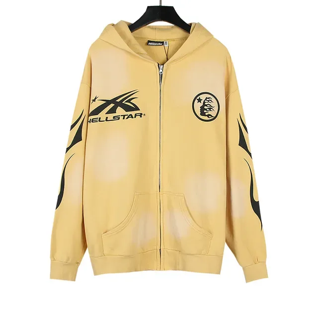 Hellstar Graphic-Print Bleach-Splash Yellow Zip-Up Hoodie 5