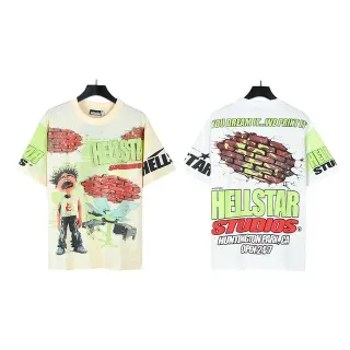 Hellstar Studios Graphic Print Off-White and Lime Green T-Shirt