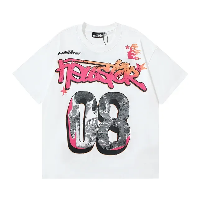 Camiseta Hellstar blanca y rosa corte oversized con estampado gráfico delantero y trasero 9