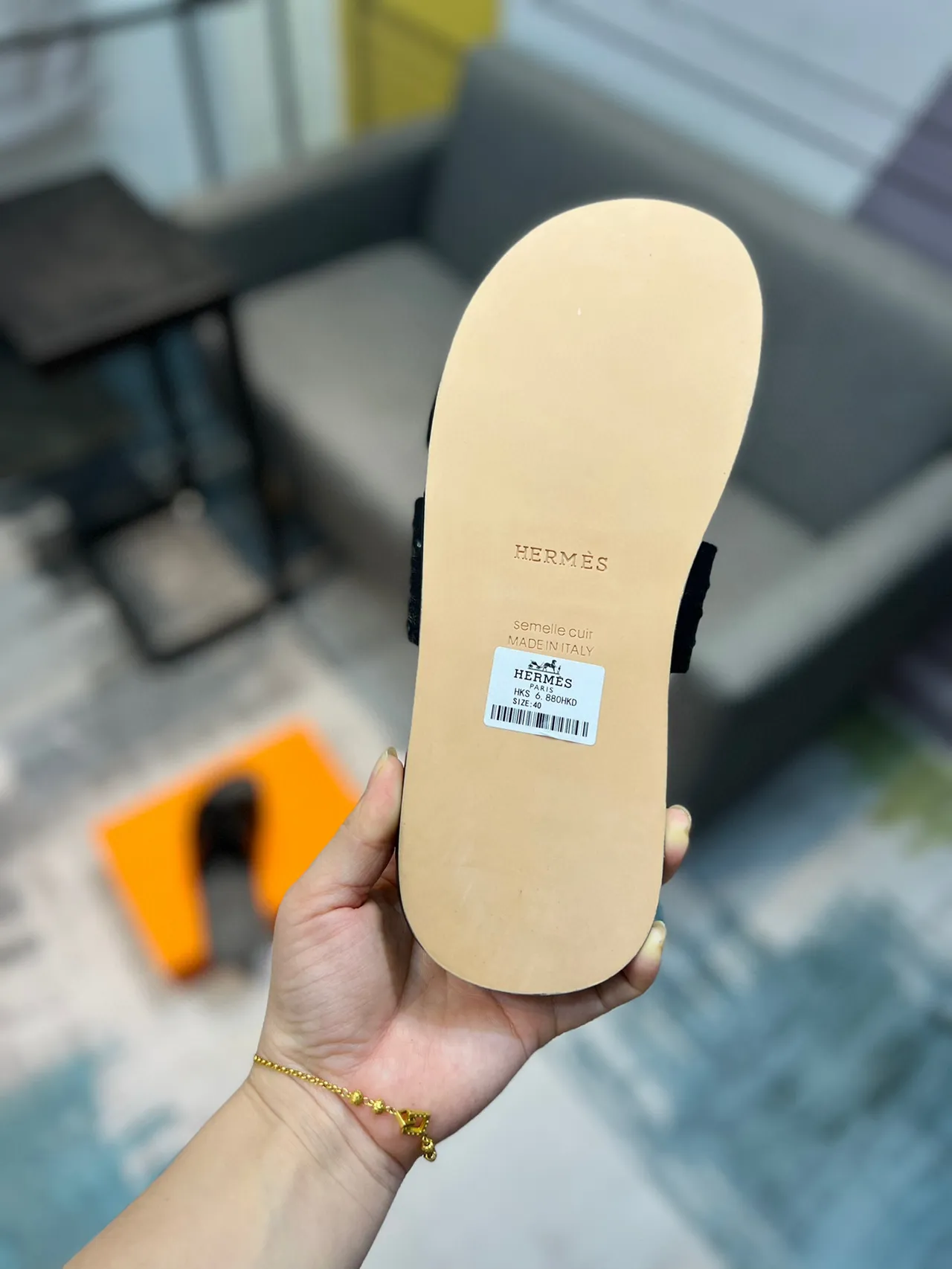 Hermès Black H-Shaped Strap Ostrich-Textured Leather Slippers 8