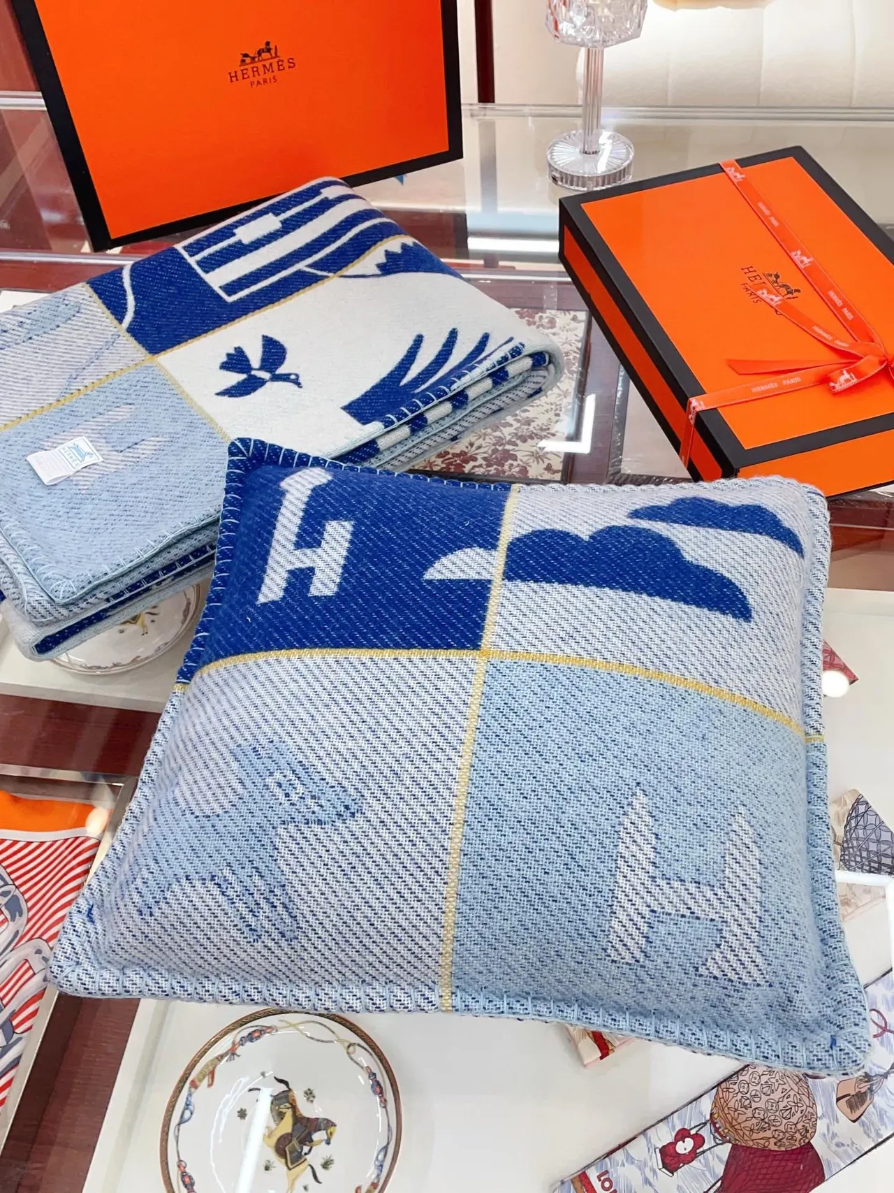 Hermès Azul Branco Tecido Textura Lã Motivo Geométrico Estrela Cachecol 7