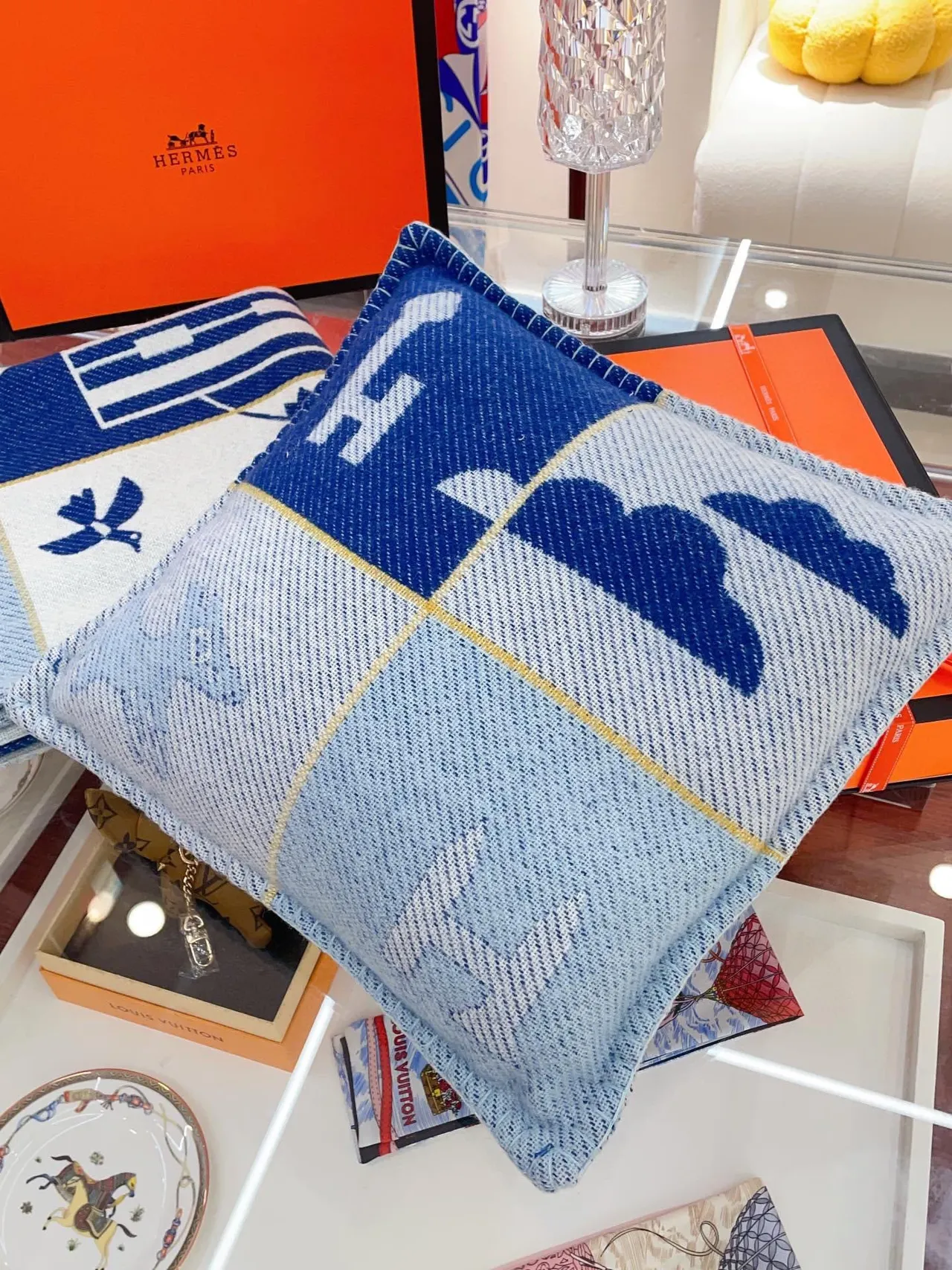 Hermès Azul Branco Tecido Textura Lã Motivo Geométrico Estrela Cachecol 8