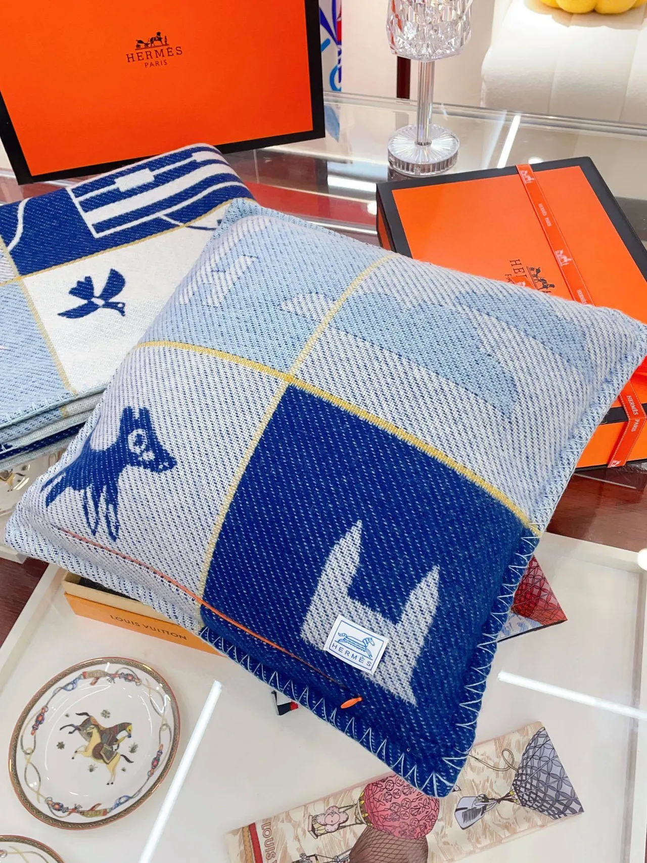 Hermès Azul Branco Tecido Textura Lã Motivo Geométrico Estrela Cachecol 9