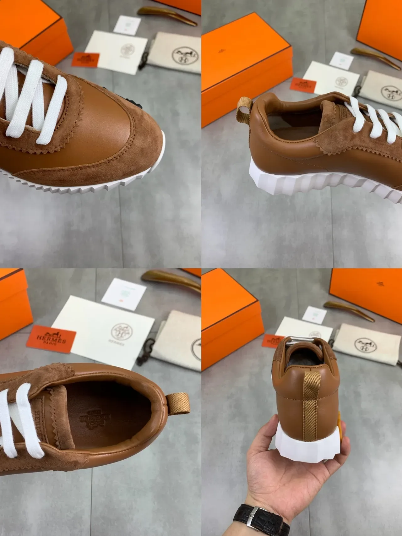 Hermès Zapatillas Lifestyle Cuero Y Ante Marrón Blanco Tan Cordones Planos 2