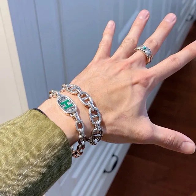 Hermès Chaine d'Ancre Silver Green Chain-Link Enamel H Medallion Bracelet 5