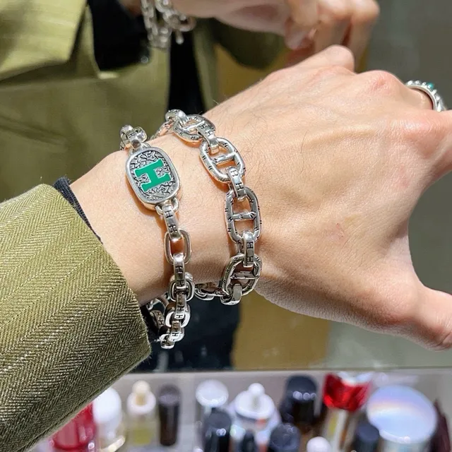 Hermès Chaine d'Ancre Silver Green Chain-Link Enamel H Medallion Bracelet 6