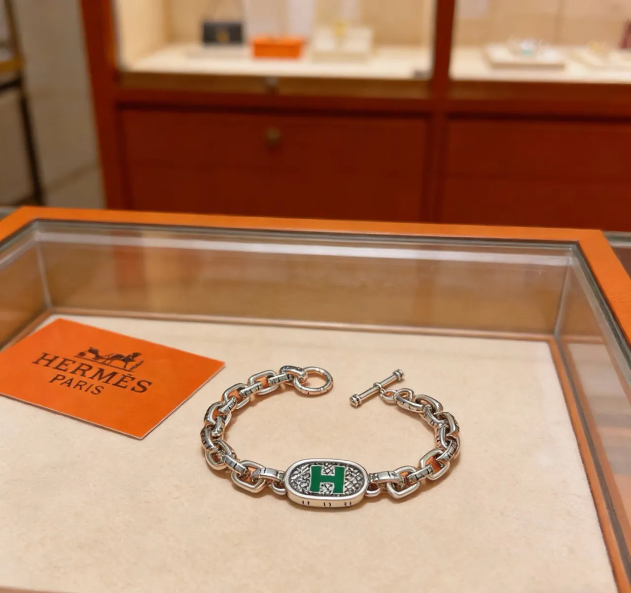 Hermès Chaine d'Ancre Silver Green Chain-Link Enamel H Medallion Bracelet 8