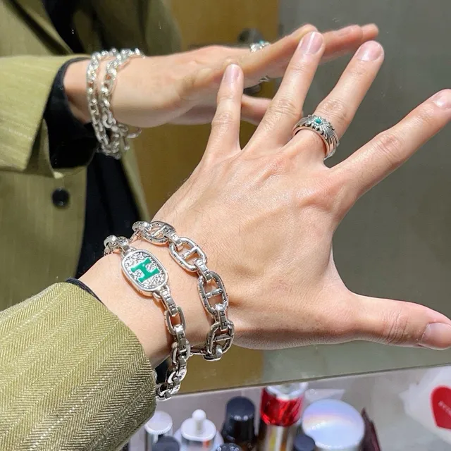 Hermès Chaine d'Ancre Silver Green Chain-Link Enamel H Medallion Bracelet 9